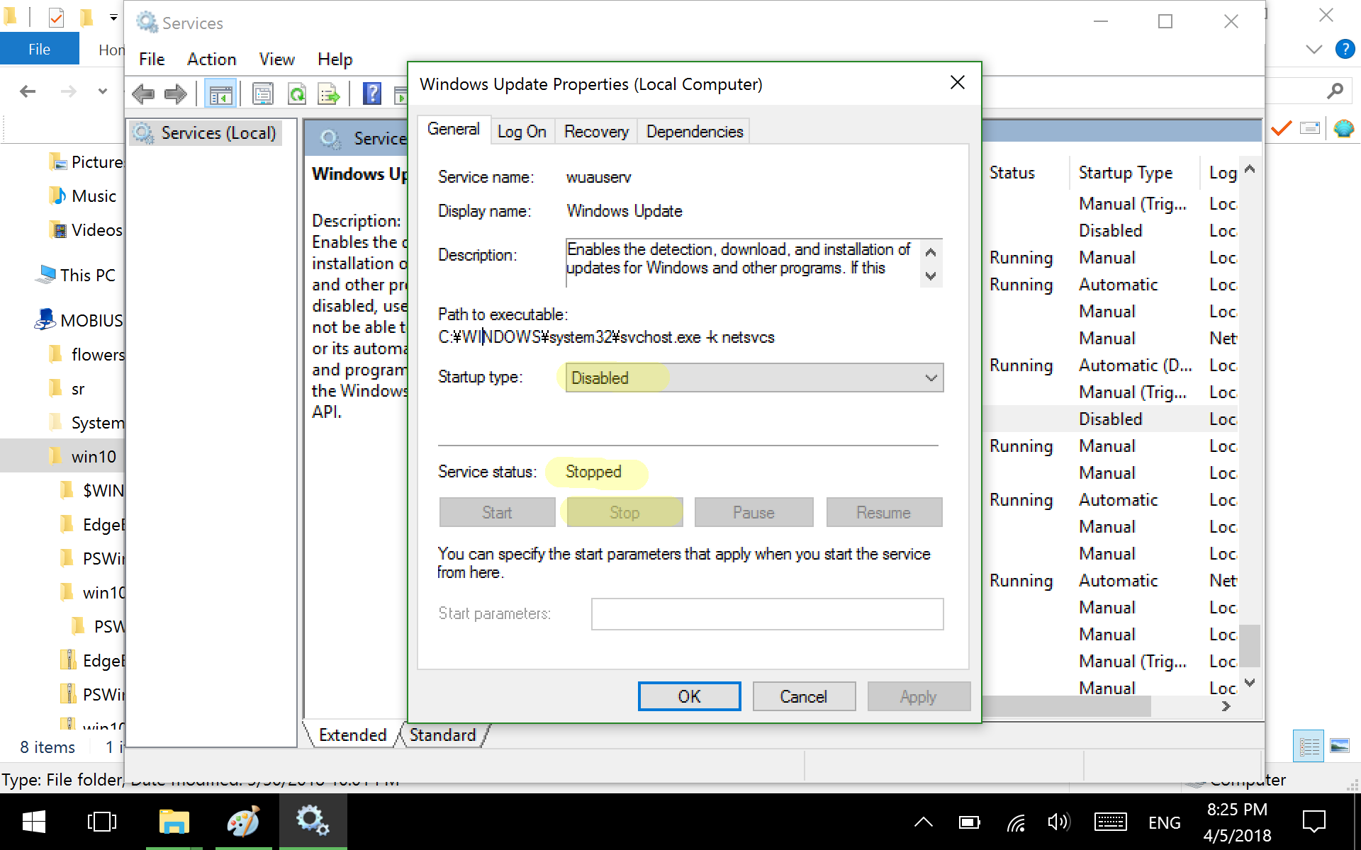 A screenshot of services.msc showing which options should be disabled in Windows Update.
